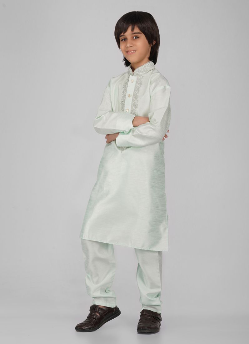 Buy Boy's Mint Green Zari Embroidered Raw Silk Kurta Pajama Set