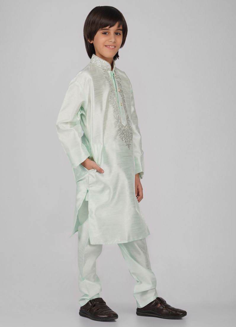 Buy Boy's Mint Green Zari Embroidered Raw Silk Kurta Pajama Set