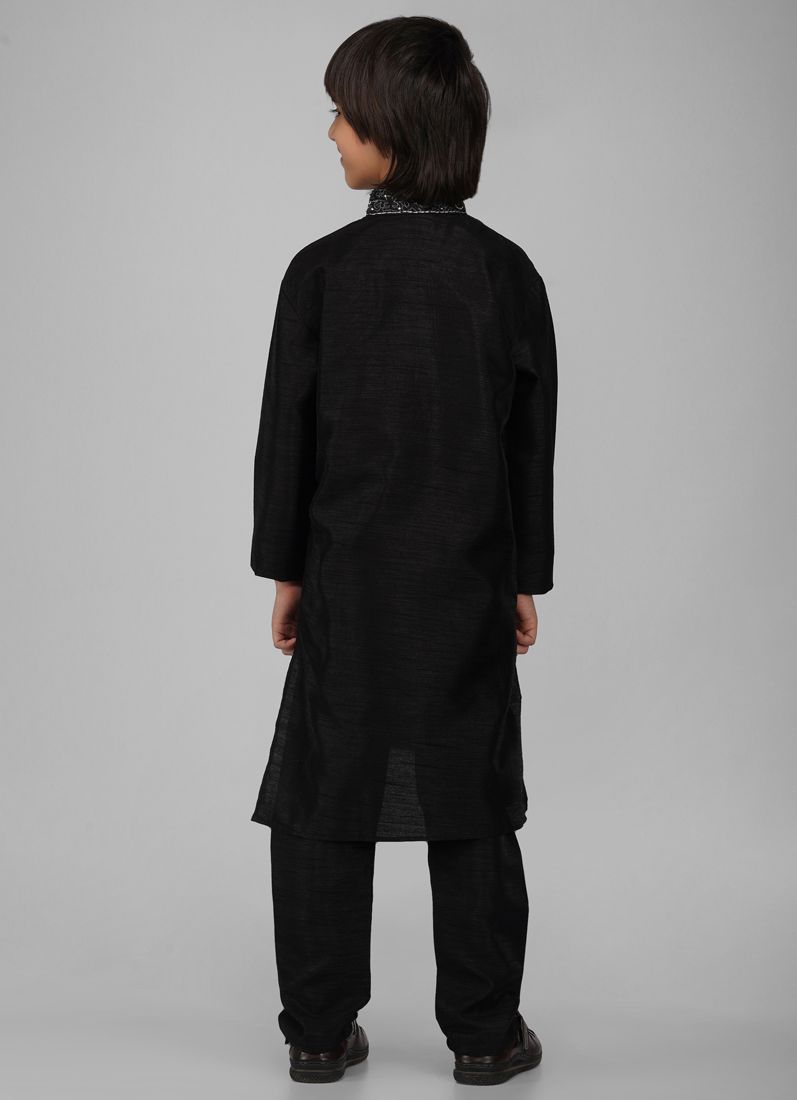Buy Boy's Black Zari Embroidered Raw Silk Kurta Pajama Set