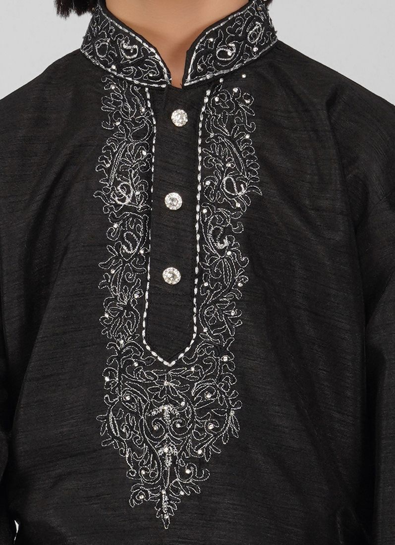 Buy Boy's Black Zari Embroidered Raw Silk Kurta Pajama Set