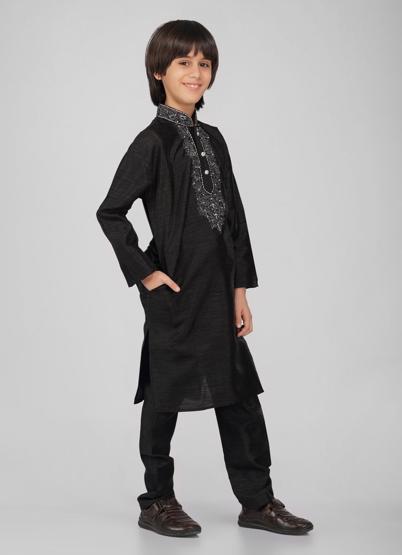 Buy Boy's Black Zari Embroidered Raw Silk Kurta Pajama Set