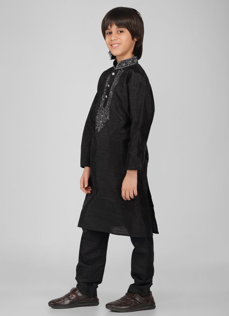 Buy Boy's Black Zari Embroidered Raw Silk Kurta Pajama Set