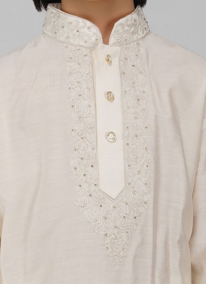 Buy Boy's White Poly Viscose Whit Embroidered Kurta Pajama Set