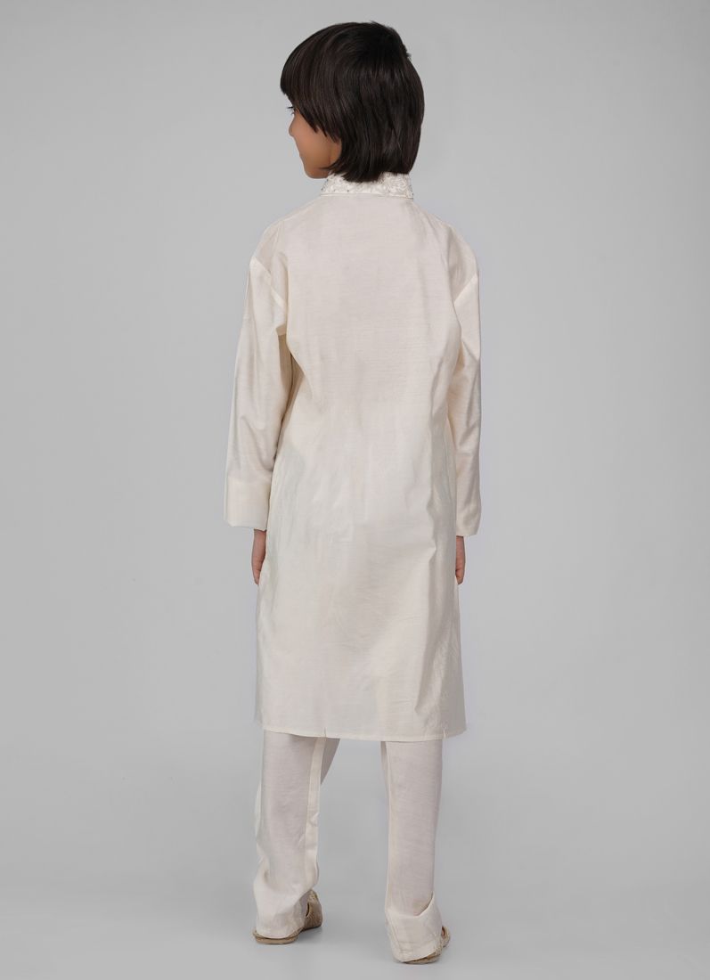 Buy Boy's White Poly Viscose Whit Embroidered Kurta Pajama Set