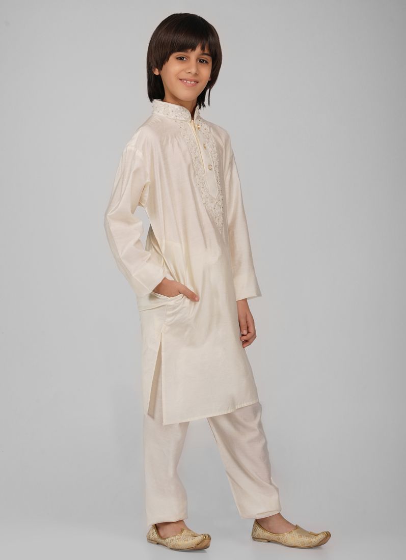 Buy Boy's White Poly Viscose Whit Embroidered Kurta Pajama Set