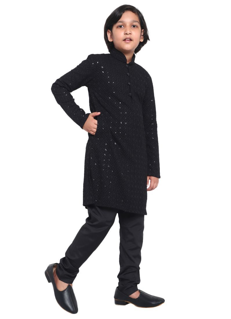 Buy Kid's Black Chickankari Kurta Pajama Set