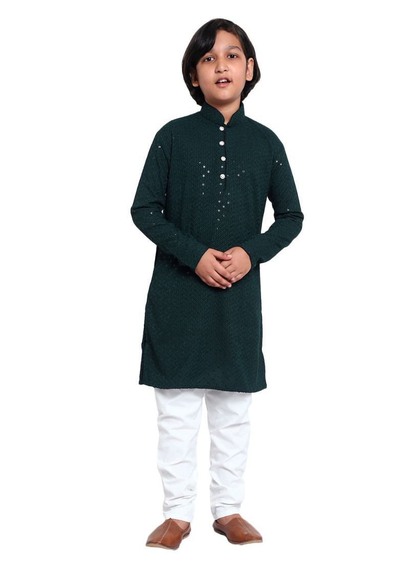 Buy Kid's Dark Green Chikankari Kurta Pajama Set