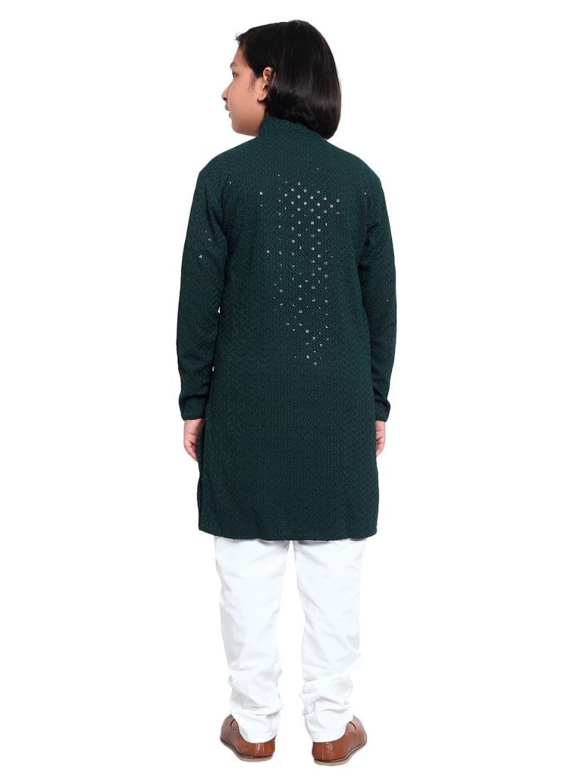 Buy Kid's Dark Green Chikankari Kurta Pajama Set