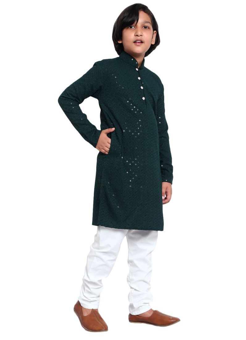 Buy Kid's Dark Green Chikankari Kurta Pajama Set