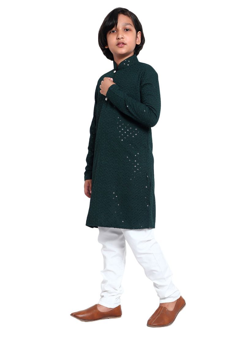 Buy Kid's Dark Green Chikankari Kurta Pajama Set