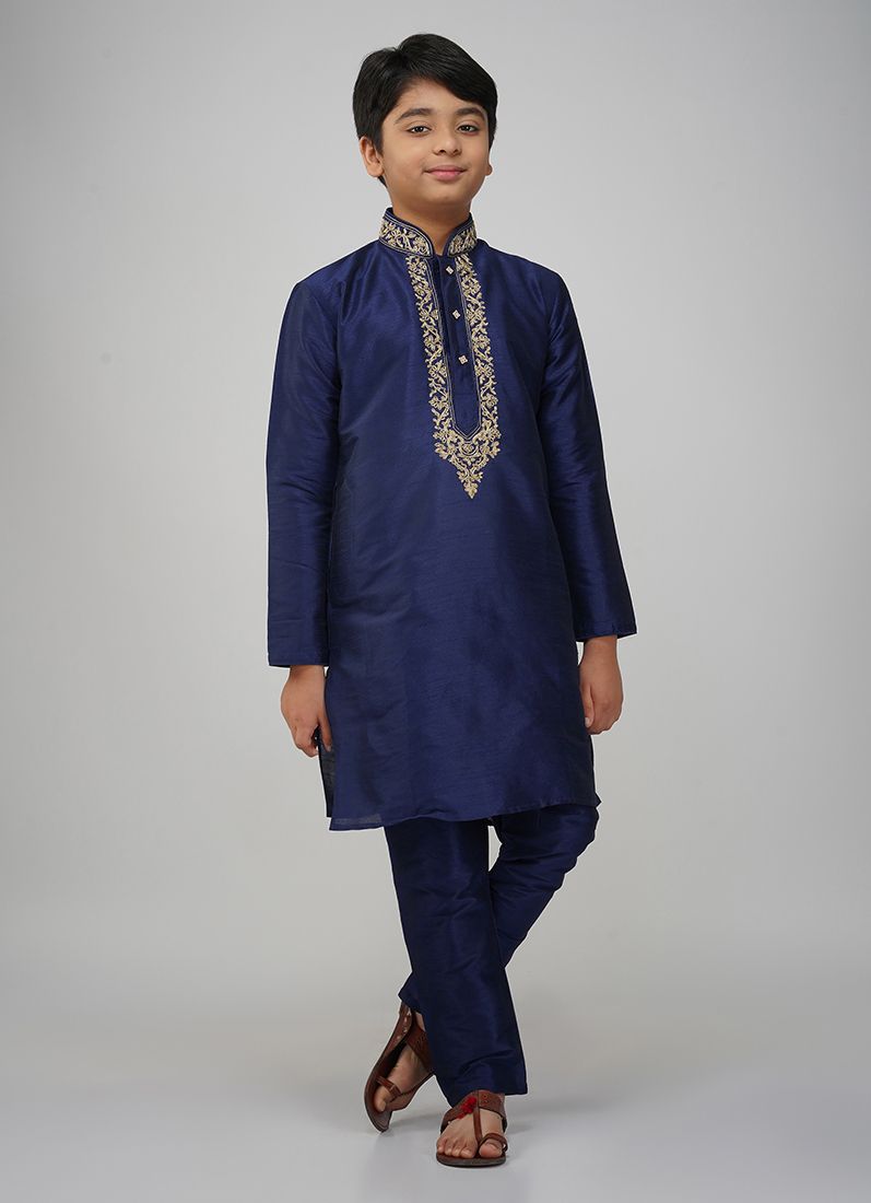 Buy Boys Navy Blue Dupion Kurta Set