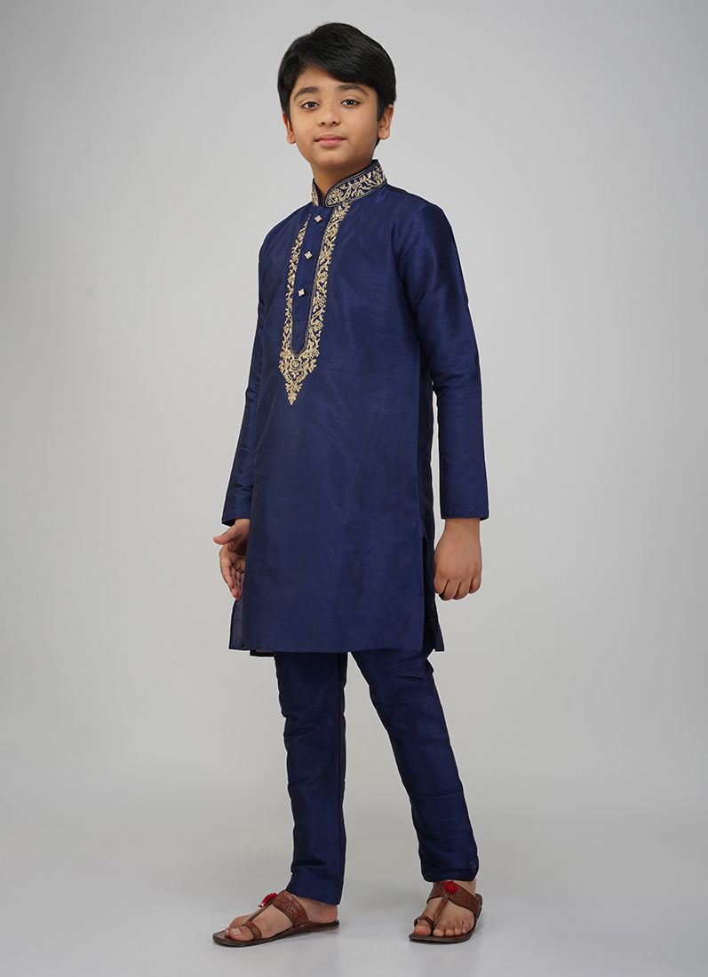 Buy Boys Navy Blue Dupion Kurta Set