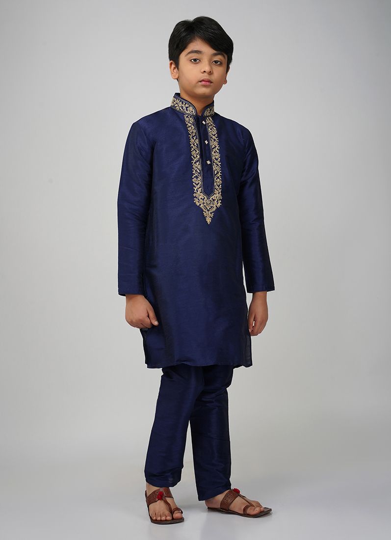 Buy Boys Navy Blue Dupion Kurta Set