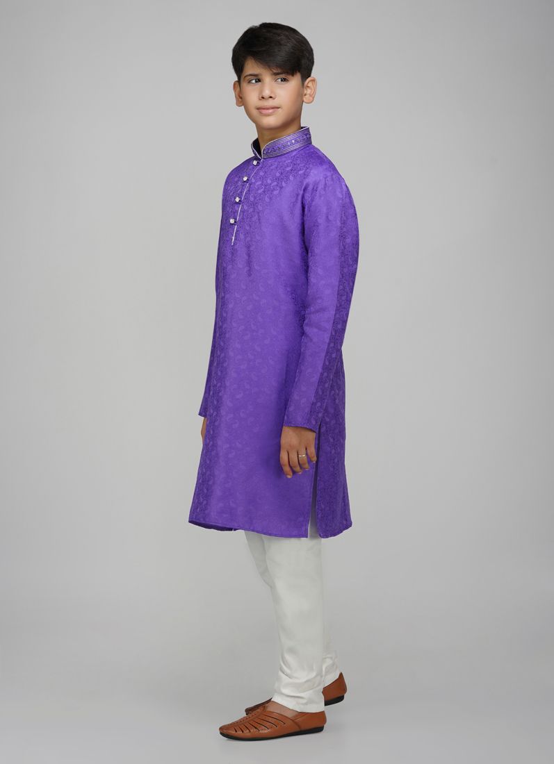 Buy Boy's Navy Blue Resham Brocade Kurta Set