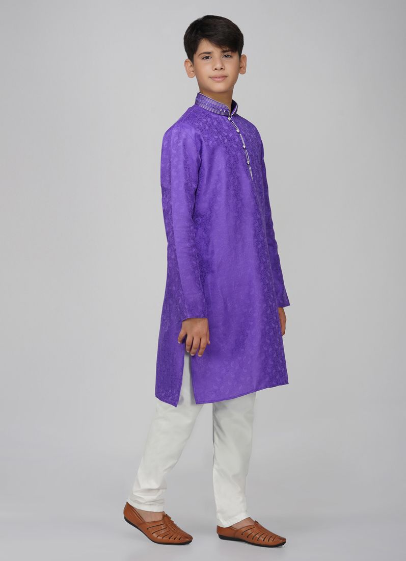 Buy Boy's Navy Blue Resham Brocade Kurta Set