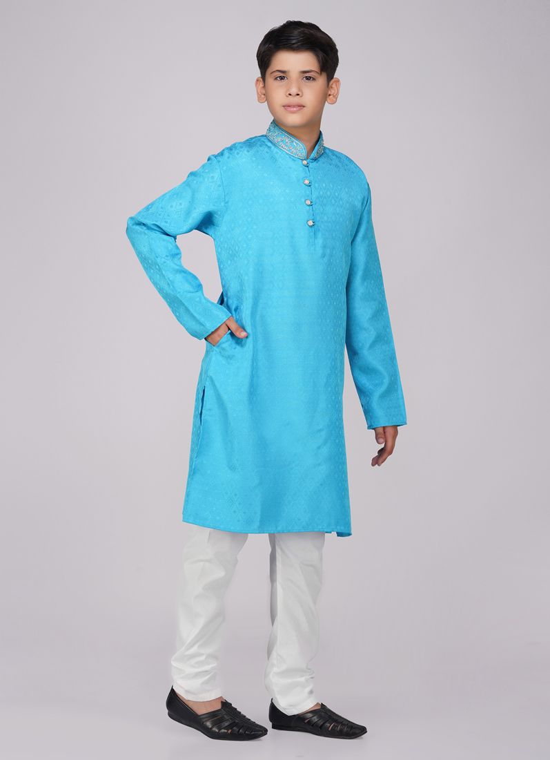 Buy Boy's Blue Resham Brocade Kurta Set