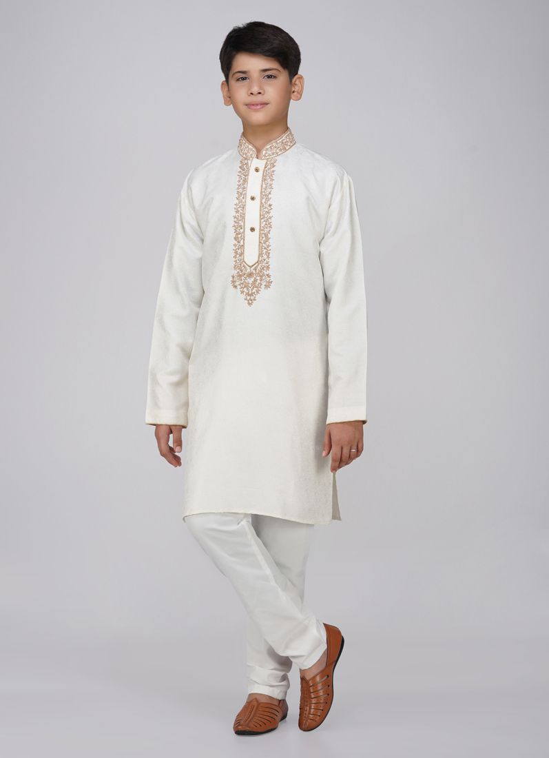 Buy Boy's Cream Resham Brocade Kurta Set