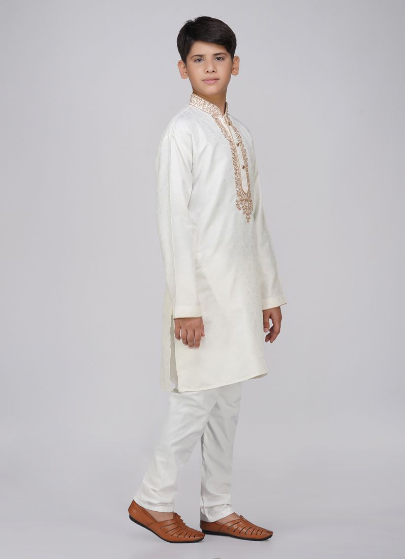 Buy Boy's Cream Resham Brocade Kurta Set