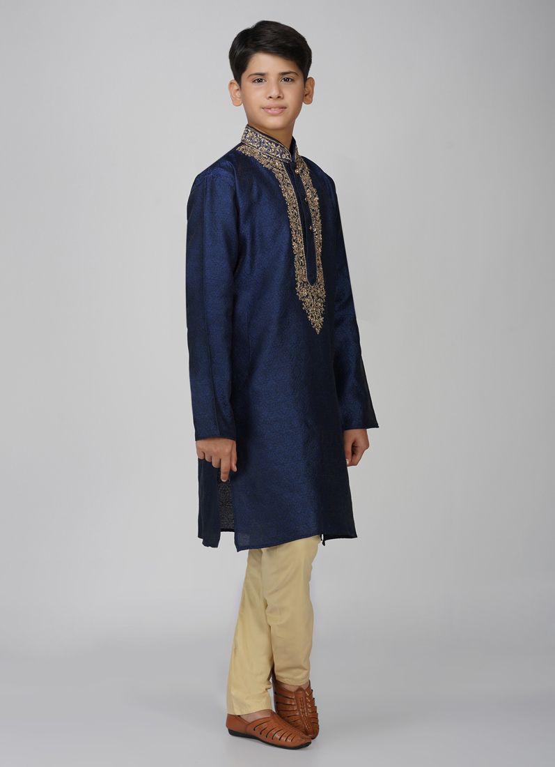 Buy Boys Navy Blue Polyester Kurta Set