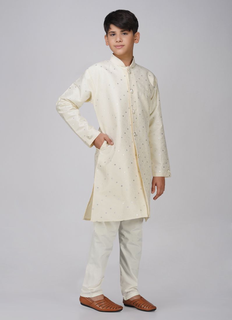 Buy Boys Beige Brocade Semi Sherwani Set