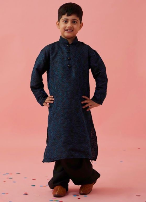 Buy Boy's Blue Poly jacquard Kurta Pajama Set