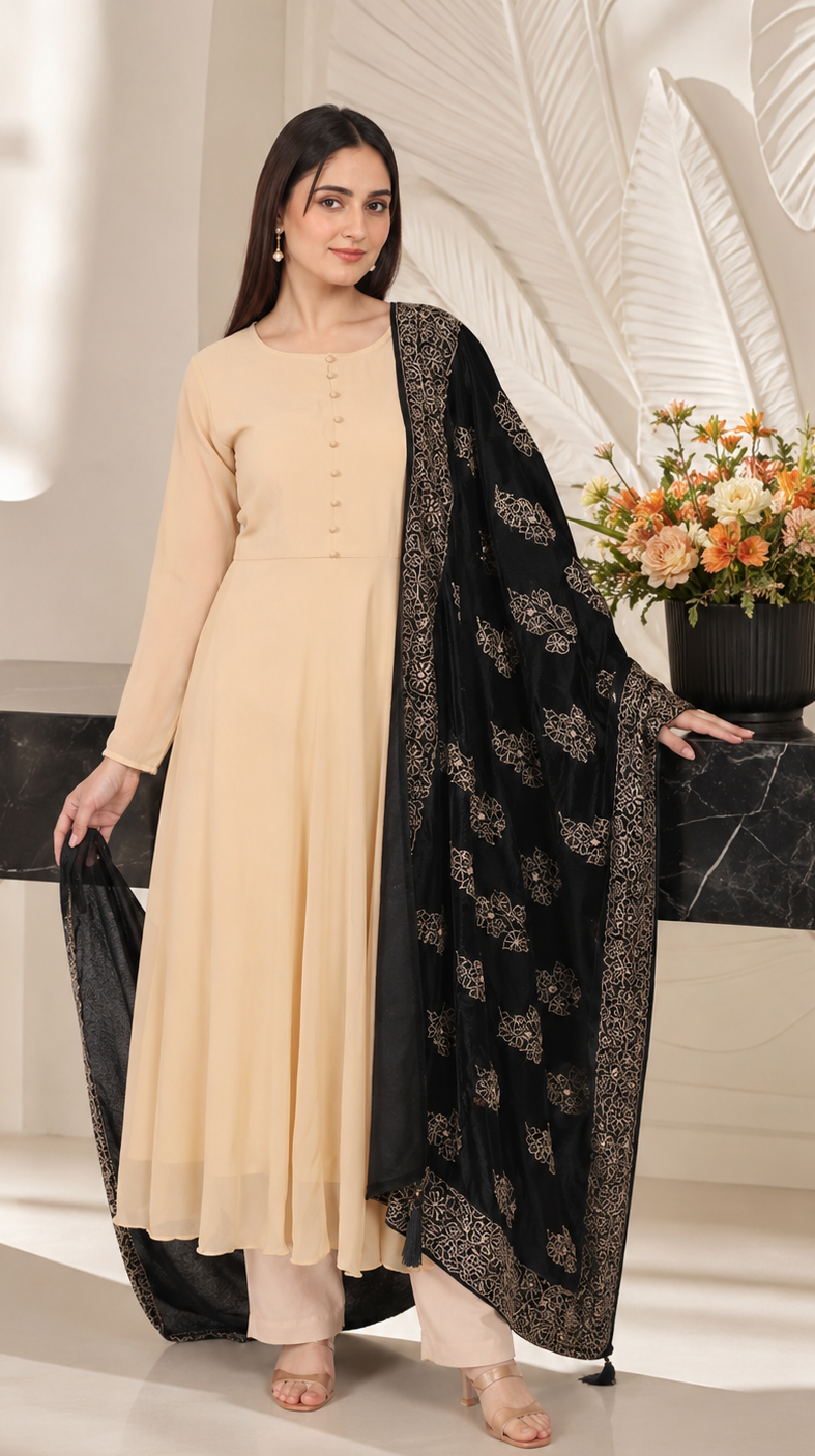 Georgette Beige Bias-Cut Suit Set