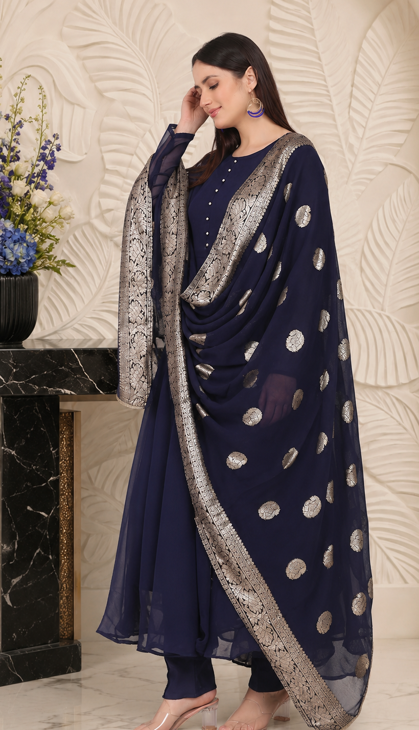 Navy Blue Georgette Bias Cut Suit Set