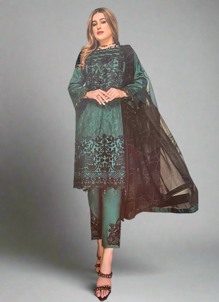 Teal Trouser Suit with Black Embroidery