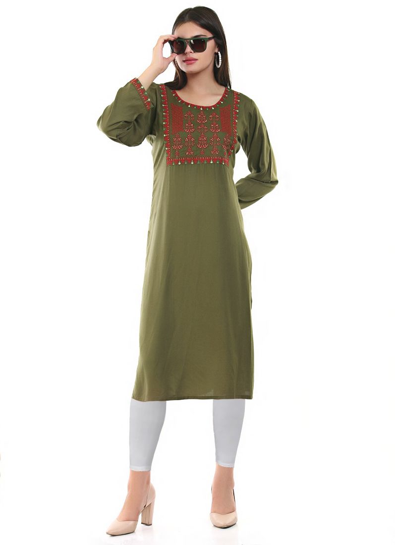 Buy Green Rayon Kurti Embroidery Top