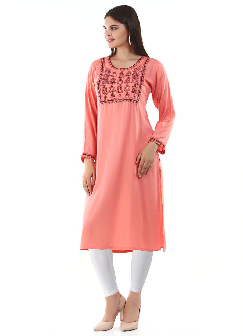 Buy Pink Rayon Kurti Embroidery Top