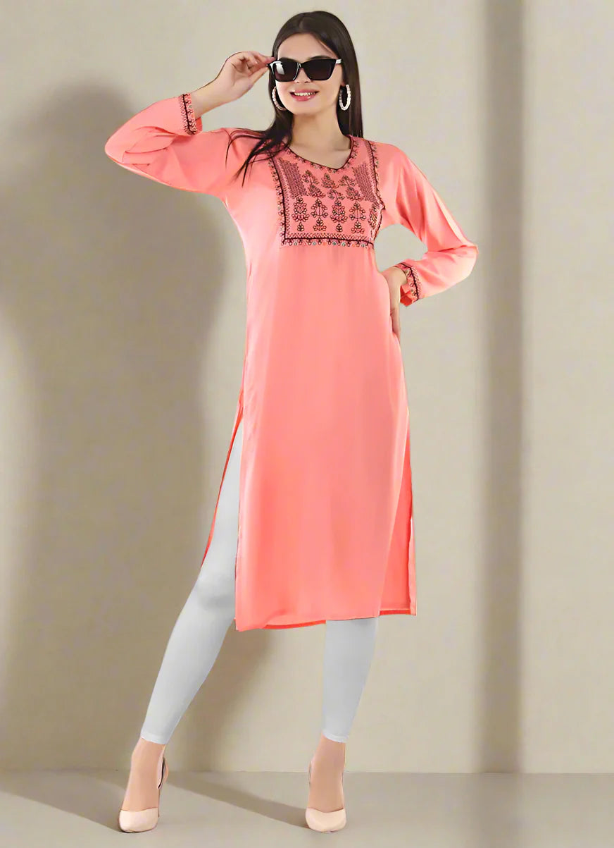 Buy Pink Rayon Kurti Embroidery Top
