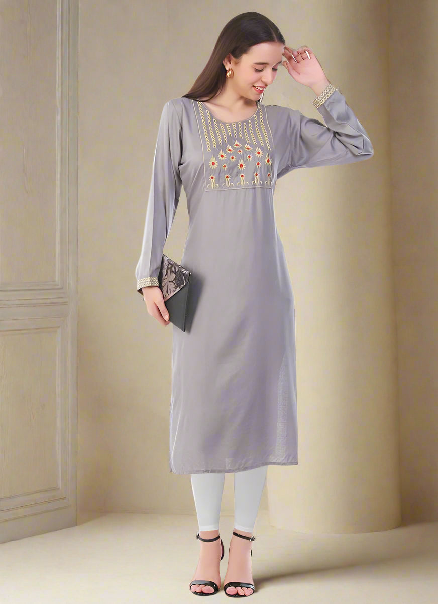 Buy Grey Rayon Straight Cut Kurti Top