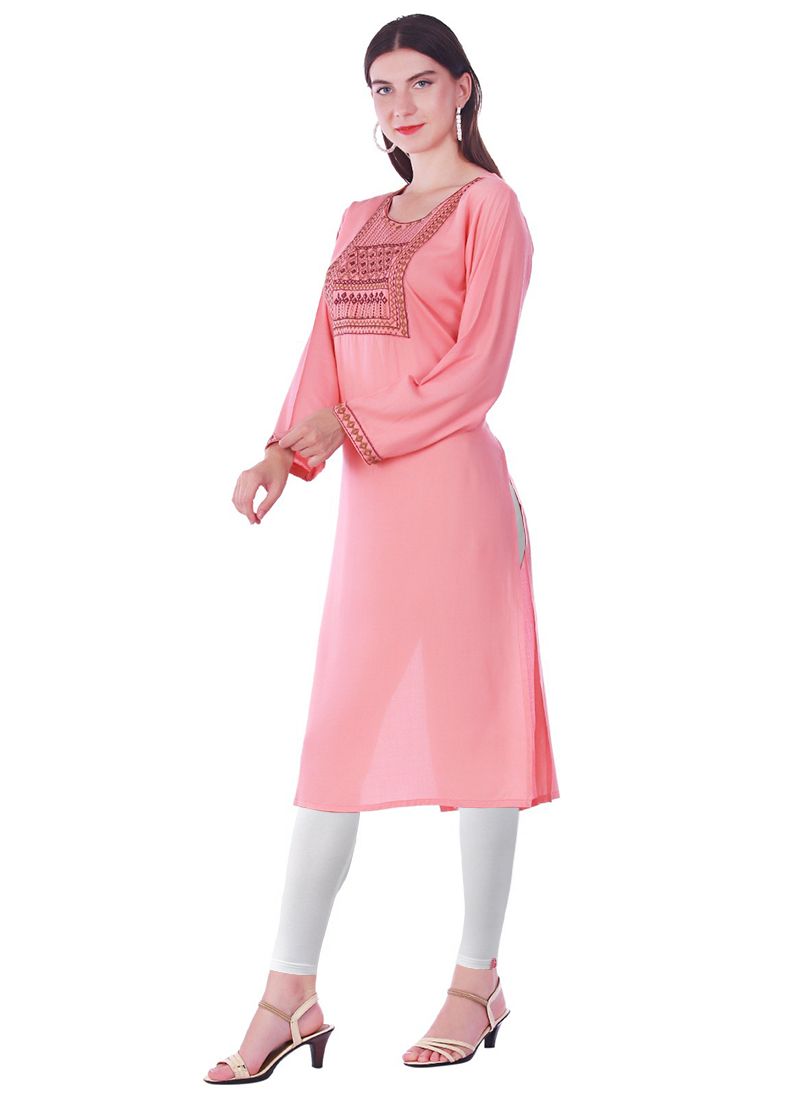 Buy Pink Rayon Straight Embroidered Kurti