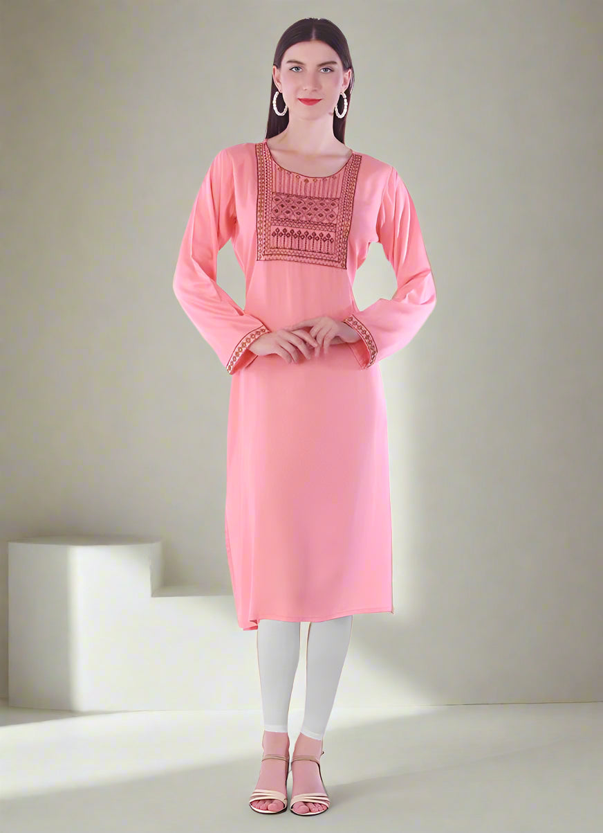 Buy Pink Rayon Straight Embroidered Kurti