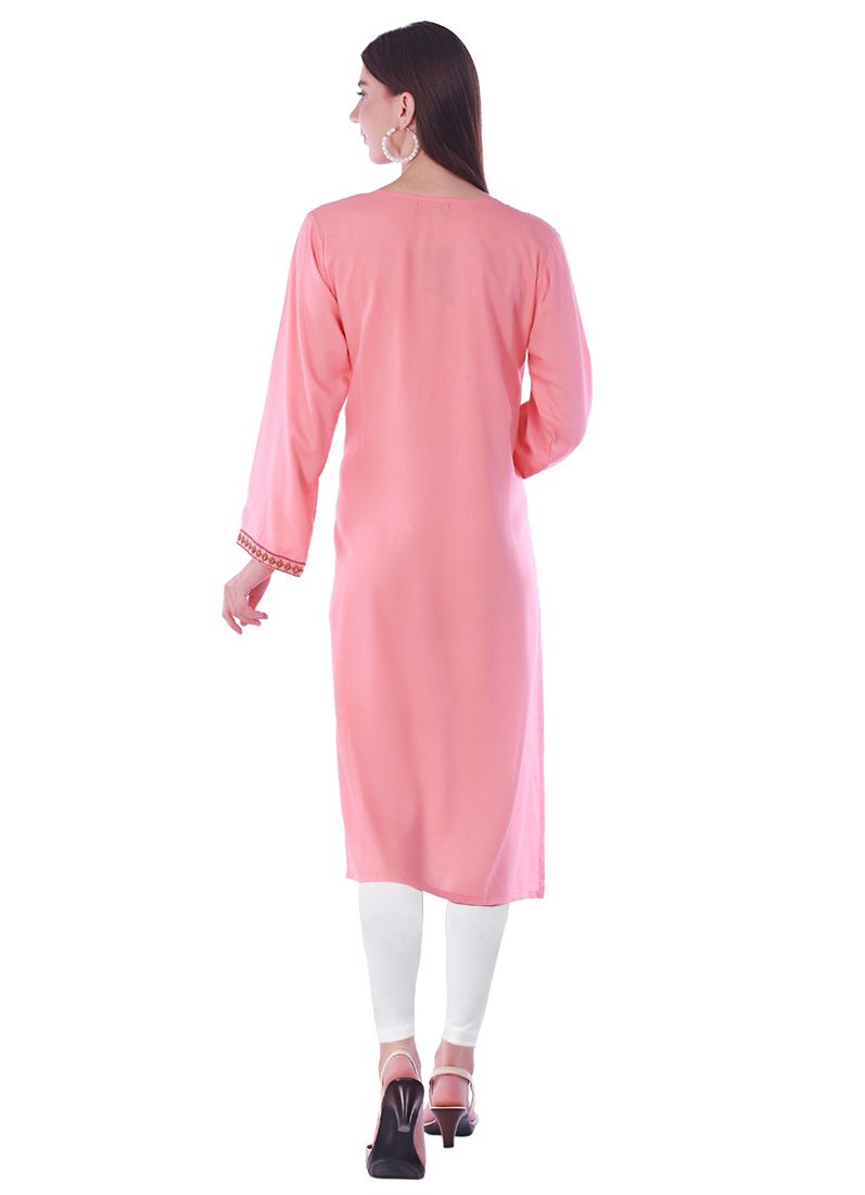 Buy Pink Rayon Straight Embroidered Kurti