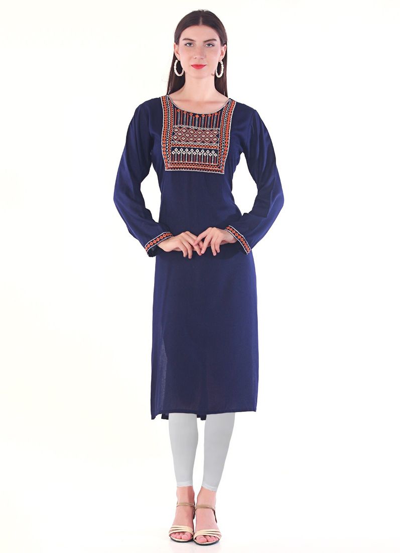 Buy Navy Blue Rayon Straight Embroidered Kurti