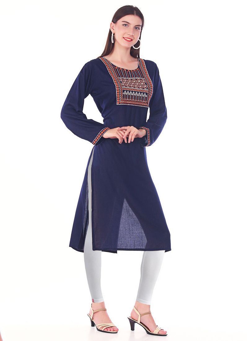 Buy Navy Blue Rayon Straight Embroidered Kurti