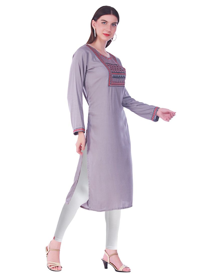 Buy Grey Rayon Straight Embroidered Kurti