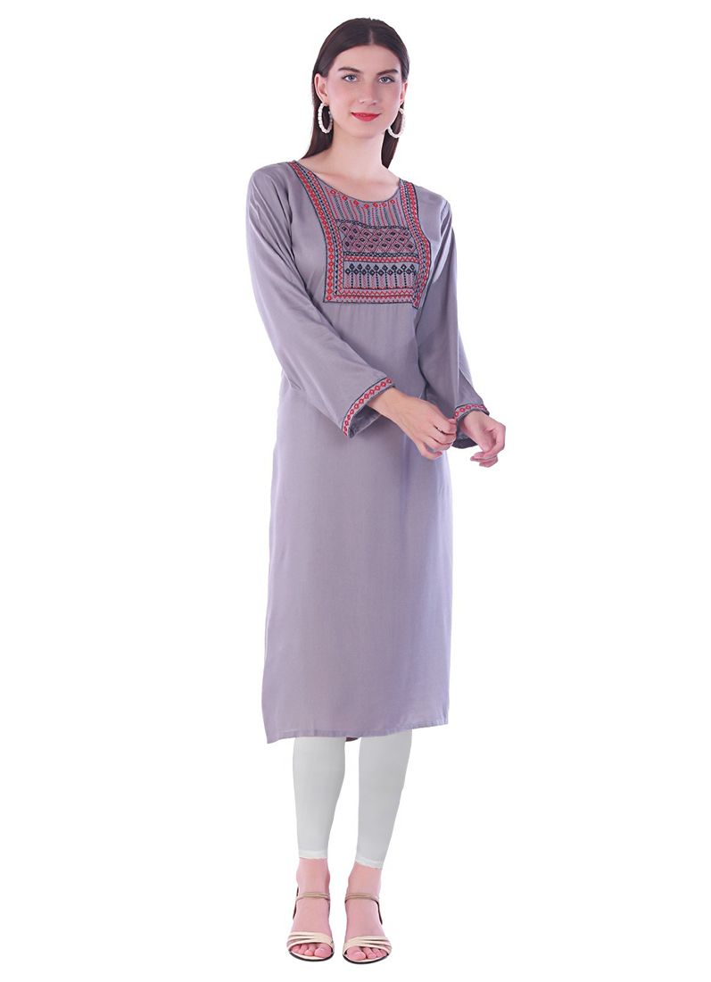 Buy Grey Rayon Straight Embroidered Kurti