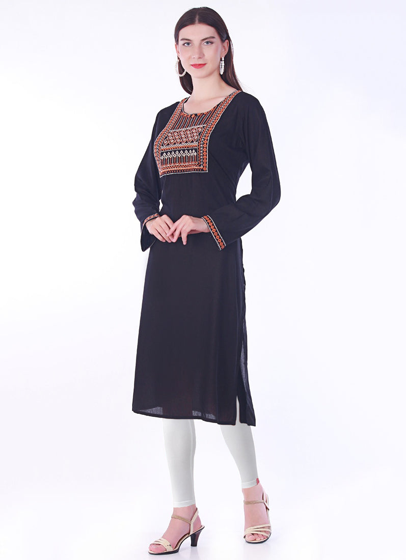 Buy Black Rayon Straight Embroidered Kurti