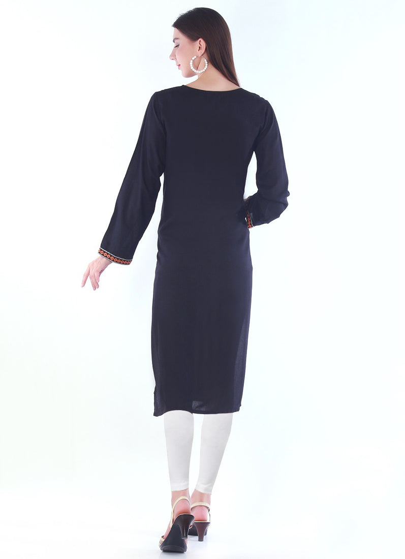 Buy Black Rayon Straight Embroidered Kurti