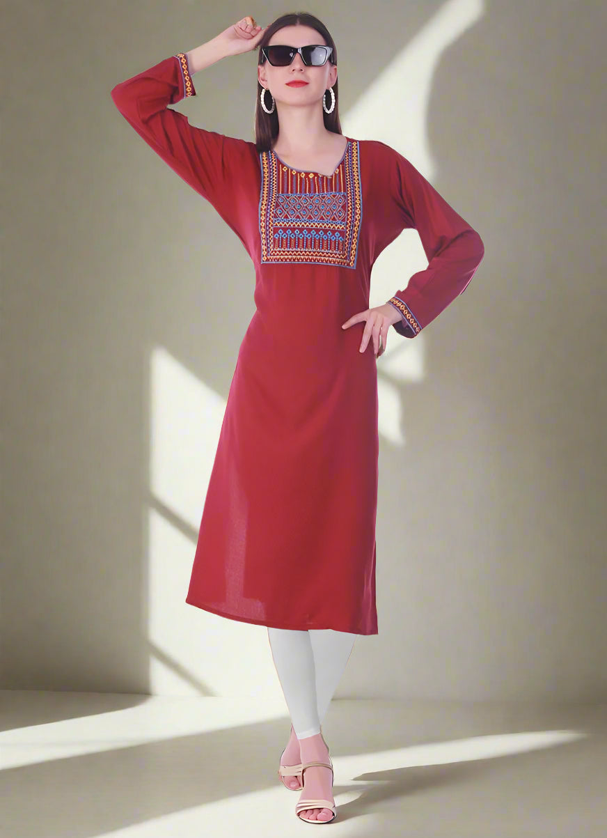 Buy Maroon Rayon Straight Embroidered Kurti