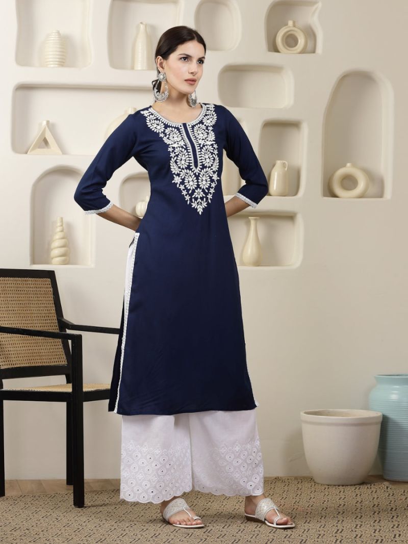 Buy Navy Blue Chikankari Embroidered Kurta
