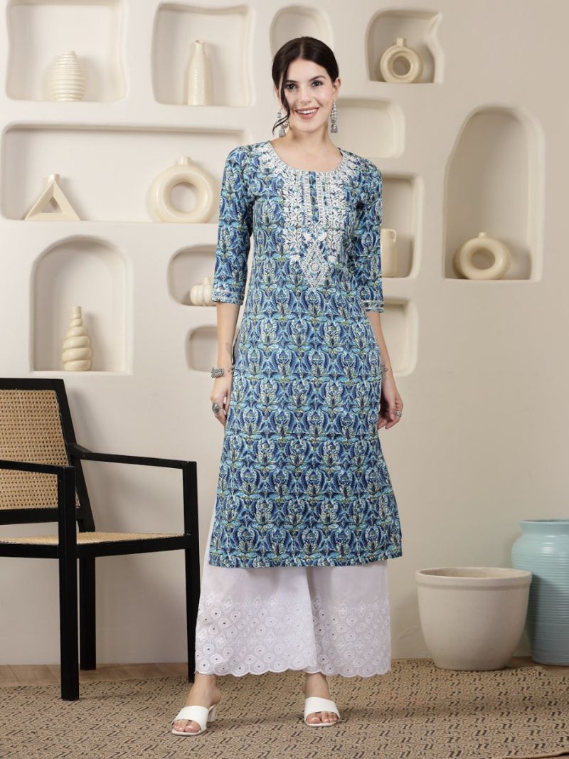 Buy Blue Printed Chikankari Embroidered Kurta