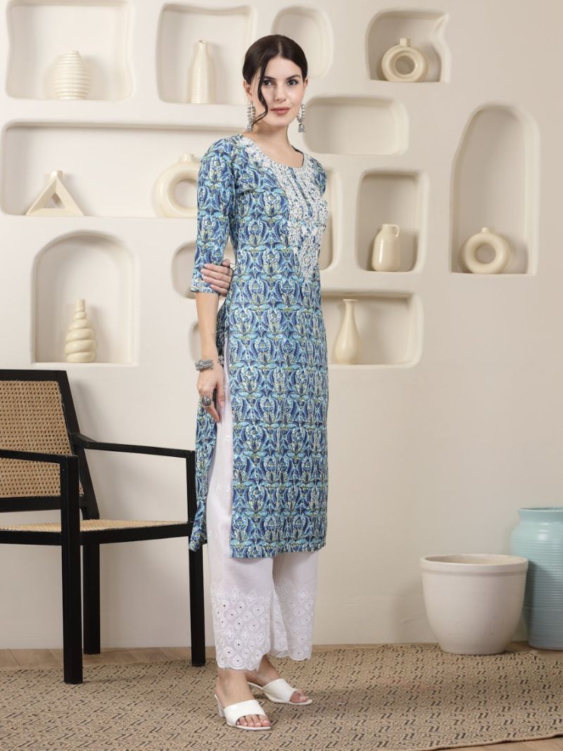 Buy Blue Printed Chikankari Embroidered Kurta