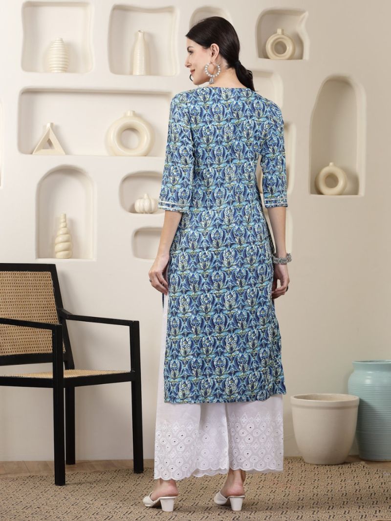 Buy Blue Printed Chikankari Embroidered Kurta