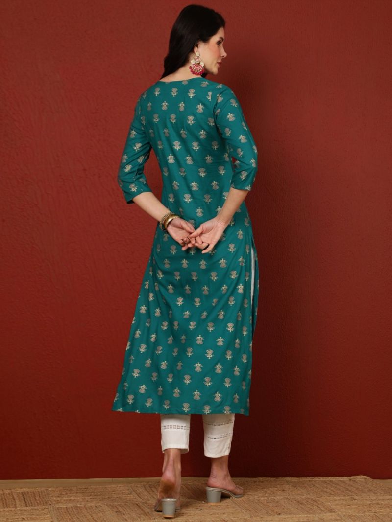 Buy Teal Printed Embroidered Kurta