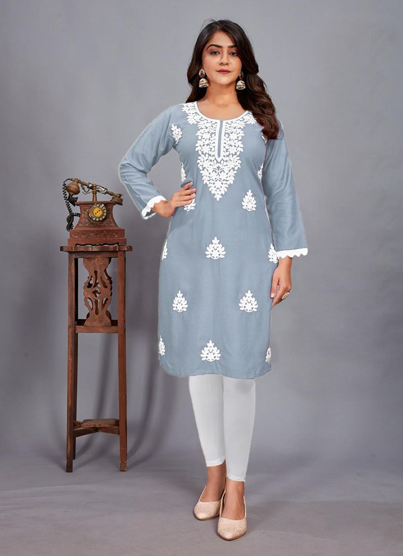 Buy Grey Rayon Thread Work Kurti Top