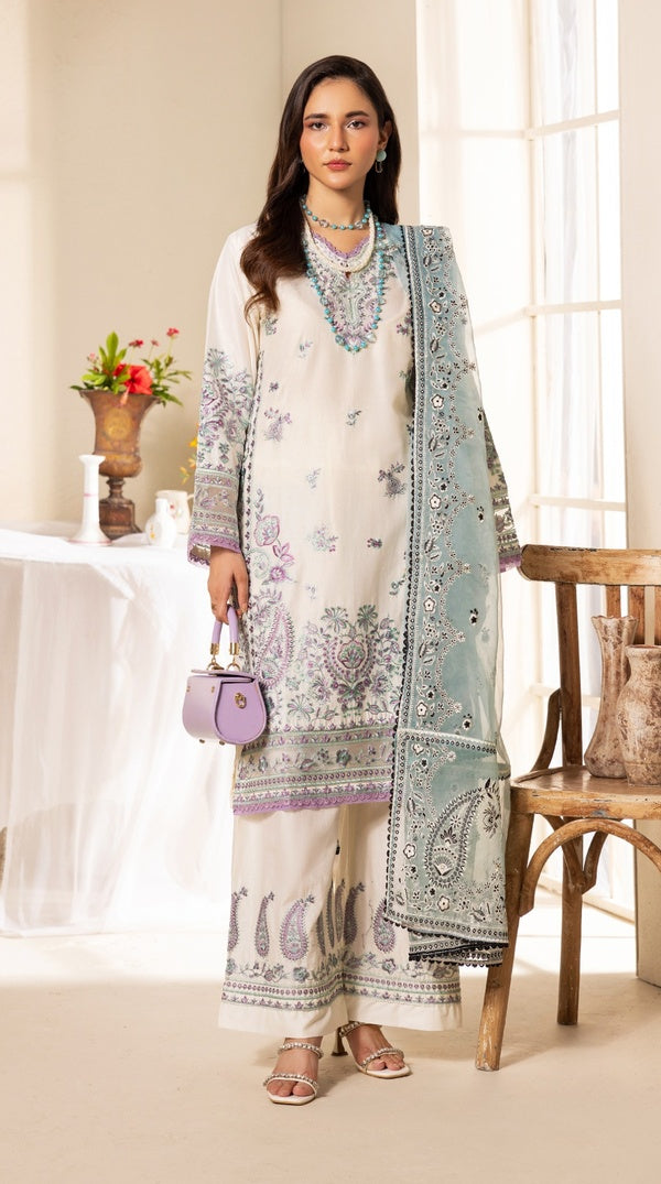 White Thread Embroidered Palazzo Suit with Organza Dupatta