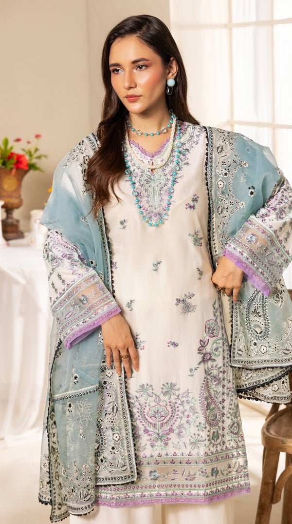 White Thread Embroidered Palazzo Suit with Organza Dupatta